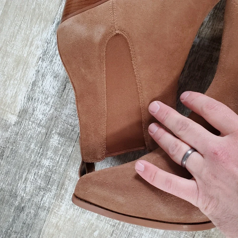 Michael Kors Kinlee Bootie Womens Sz 8.5‎ M luggage Suede Pointed Toe Block Heel